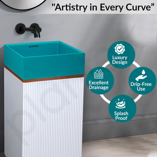 Plantex Acrylic Resin & Quartz Pedestal Basin for Bathroom/One Piece Pedestal Free Standing Square Wash Basin for living Room/Hotel (Blue & White)