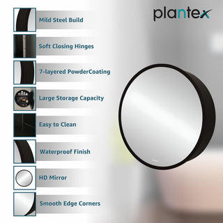 Plantex Aluminium Framed Round Mirror Cabinet for Bathroom/Wash Basin/Heavy-Duty Steel Body Moon Shape Mirror with Shelf– 20x20 Inch, Black