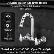 Plantex Pure Brass Sink Mixer Tap/Wall Mount Hot and Cold Tap for Bathroom/Double Handle Water Taps for Bathroom Basin with Brass Wall Flange & Teflon Tape (PAC-1814, Chrome)