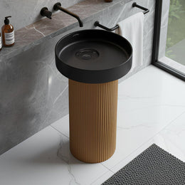 Plantex Acrylic Resin & Quartz Pedestal Basin for Bathroom/One Piece Pedestal Free Standing Round Wash Basin for living Room/Hotel (Black & Gold)