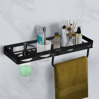 Plantex 4in1 Shelf for Bathroom/Stainless Steel Shelf with Tumbler Holder, Liquid Soap Dispenser and Napkin Holder for Home/Office - Pack of 1 (Black)