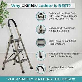 Plantex Guardex 3 Step Foldable Aluminum Ladder for Home/Anti-Slip Shoes and Edge Guards/5 Year Manufacturer Warranty Ladder for Home (Anodized Coated-Gold)