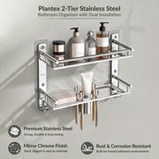 Plantex Bathroom Organiser Without Drill/Stainless Steel Bathroom Accessories Set with Soap Dish and Brush Slots/Hooks/Tumbler Holder/Steel Soap Holder for Bathroom-(2-Tier, Chrome)