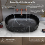 Plantex Ceramic Black Washbasin/Oval Tabletop Hand Wash Basin for Bathroom/Designer Washbasin Sink for Home/Office (22x13.5x6 Inch - Marble Finish)