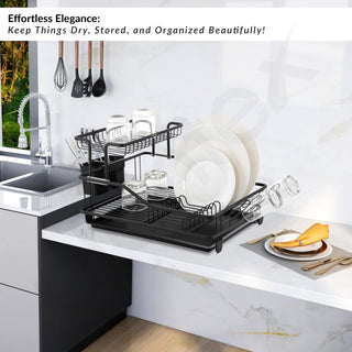 Plantex 2 Tier Dish Rack with Drainer Tray/Black Dish Drying Rack/GI Steel Utensil Stand with Drainer Tray, Plate & Bowl Holder, Glass Organizer for Kitchen
