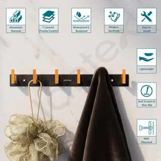 Plantex Aluminum Hook Rail with L-Shape Hook for Clothes Hanging/Hook Rail Bar for Clothes/Towel/Keys -Pack of 3 (6 Hooks/Black & Gold)