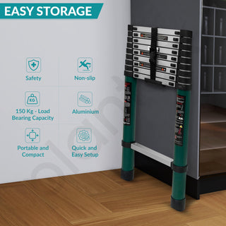 Plantex 3.8m (12.5 ft.) Aluminium Telescopic Ladder/10-Steps Portable Ladder with Removable Hooks/Foldable Multipurpose Collapsible Ladder for Home & Outdoor Use/2 Years of Warranty By Plantex-(Green)