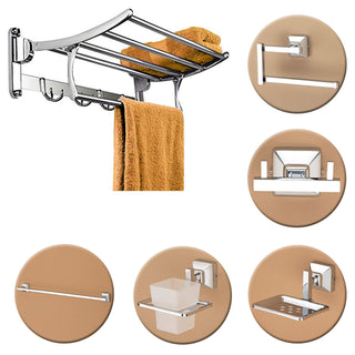 Plantex Stainless Steel Folding Towel Rack with Stainless Steel 304 Grade Squaro Bathroom Accessories Set 5pcs (Towel Rod/Napkin Ring/Tumbler Holder/Soap Dish/Robe Hook)