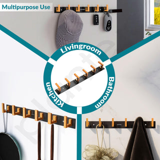 Plantex Aluminum Hook Rail with L-Shape Hook for Clothes Hanging/Hook Rail Bar for Clothes/Towel/Keys -Pack of 3 (6 Hooks/Black & Gold)