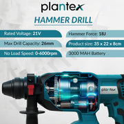 Plantex 21V Cordless Heavy Duty Hammer Drill Machine with battery & charger/Rotary Hammer/Load Speed 6000rpm/Copper winding - (Blue & Black)