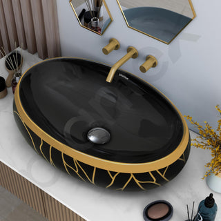 Plantex Black Wash Basin for Bathroom/Table Top Ceramic Basin/Oval Hand Wash Sink for Home/Hotel 23.5x16x6 Inch - Black&Gold)