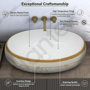 Plantex Tabletop Wash Basin for Bathroom/Designer Ceramic Basin/Countertop Vessel Sink Basin for Home/Hotel - (16016, White & Gold)