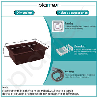 Plantex Quartz Kitchen Sink/UV Protected Kitchen Sink/Undermount Sink for Kitchen/Metalic Single Bowl Sink with Coupling and Hose Pipe - Pack of 1 (16 x 18 inch, Choco Brown)