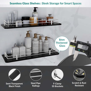 Plantex Premium Black Glass Shelf for Bathroom/Kitchen/Living Room - Bathroom Accessories (Polished, 18x6 Inches) - Pack of 2