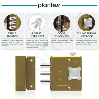 Plantex Heavy Duty Dead Bolt Lock/Rim Lock Set for Home/Office/Hotel – Pack of 1 (Brass Antique)