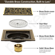 Plantex Solid Brass Floor Drainer for Bathroom/Floor Drain Jali/Floor Drain with Cockroach Trap Jali/Kitchen - (Brass Antique, 5 x 5Inches)