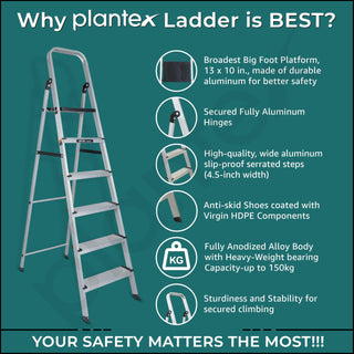 Plantex Big Foot 6 Step Ladder for Home/Aluminium Folding Ladder/Wide Anti-Skid Steps/Multipurpose Use (Black-Silver)