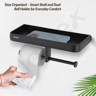 Plantex Aluminium Dual Toilet Paper Holder for Bathroom/Tissue Paper Roll Holder with Mobile Stand/Toilet Paper Roll Holder/Bathroom Accessories - (Black)