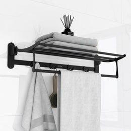Plantex Stainless Steel Folding Towel Rack for Bathroom/Towel Rod with Hooks/Towel Stand/Towel Holder/Bathroom Accessories (24 inch) Matt Black