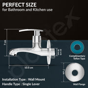 Plantex Long Body Bib Cock for Bathroom with Water Saving Aerator/Wall Mount BibTap with Wall Flange and Teflon Tape for Bathroom (Samar-1262-Chrome Finish)