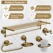 Plantex 304 Grade Stainless Steel Bathroom Accessories Set of 5 - Towel Stand/Napkin Ring/Soap Dish/Toothbrush Stand/Robe Hooks - Niko (Brass Antique)