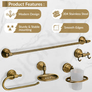Plantex 304 Grade Stainless Steel Bathroom Accessories Set of 5 - Towel Rod/Hand Napkin Hanger for Wash Basin/Soap Case/Toothbrush Holder/Robe Hook - Niko (Brass Antique)