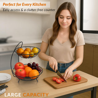 Plantex Heavy Steel 2-Tier Fruit & Vegetable Basket For Dining Table/Kitchen - Countertop (Black), 9 Liter , 23 x 32 x 28 Centimeters