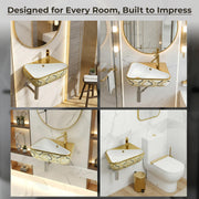 Plantex Ceramic Designer Washbasin for Bathroom/Wall Hung Wash Basin/Rectangle Basin for Home/Office/Hotel (17.5x10.5x5 Inch - White & Gold)