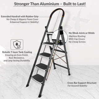 Plantex 5 Step Ladder - Foldable Steel -Wide Anti Skid Steps - 5 Year Manufacturer Warranty(Gray & White)