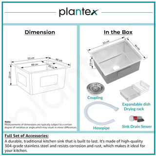Plantex Guranteed Stainless Steel 304 Grade Kitchen Sink/Undermount Sink for Kitchen with 7 Years of Warranty by Plantex/Single Bowl Sink with Fittings & Drying Rack (Silver Matt - 21x18 Inches)