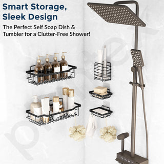 Plantex Self Adhesive Bathroom Shelf/Bathroom Organiser without Drill/Adhesive Wall Shelves/No Drill Bathroom Shelves/Soap Holder with Tooth Brush Holder-(Black, Pack of 5)