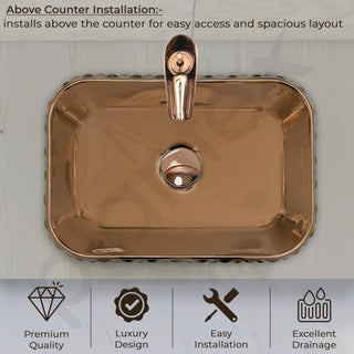 Plantex Ceramic Wash Basin/Tabletop Wash Basin/Designer Countertop Basin for Bathroom/Restaurants/Hotel – Rectangular (295, Rose Gold, 19 x 13 x 5 Inch)