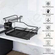 Plantex 2 Tier Dish Rack with Drainer Tray/Black Dish Drying Rack/GI Steel Utensil Stand with Drainer Tray, Plate & Bowl Holder, Glass Organizer for Kitchen