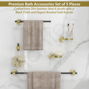 Plantex 304 Stainless Steel and Acrylic Bathroom Set/Glass Soap Holder & Tumbler Holder/Towel Rod/Napkin Holder/Robe Hook/Bathroom Accessories - Set of 5 (Black & Gold)