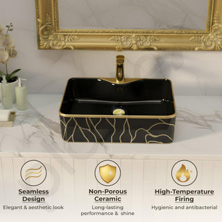Plantex Ceramic Designer Washbasin for Bathroom/Countertop Wash Basin/Rectangle Tabletop Hand Wash Basin for Restaurant/Hotel (19x15x5 Inch - Black & Gold)