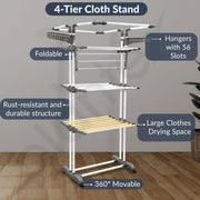 Plantex Cloth Stand for Drying Clothes/GI Steel Cloth Stand/Cloth Drying Stand with 4 Hangers/Movable Cloth Rack (White & Gray) Clofera Jumbo