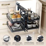 Plantex Magic Corner Pull Out Organizer for Modular Kitchen/Soft Close 2 Tier Toughened Glass Basket/Left & Right Opening Corner Cabinet Storage for Plates, Bowls, Spice Jars & Utensils (900 mm, Grey)