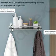 Plantex Stainless Steel Bathroom Shelf for Wall/Wall Mount Shelves & Racks for Bathroom Organizer with Hooks and Railings/Stand for Bathroom/Kitchen/Living Room(16x5 inch, Chrome)