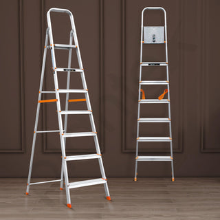 Plantex Legend Aluminium Folding 7 Step Ladder for Home - 7 Step Anti Skid Ladder/Wide Step Ladder (Orange-Silver)