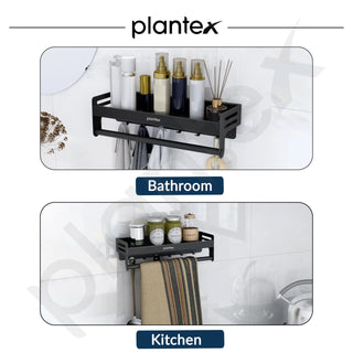 Plantex Aluminium Multipurpose Bathroom Shelf with Towel Rod and Movable Hooks/Rack Shelf for Bathroom/Kitchen Shelf Organizer (Black)