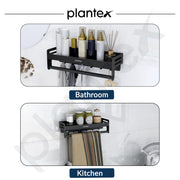 Plantex Aluminium Multipurpose Bathroom Shelf with Towel Rod and Movable Hooks/Rack Shelf for Bathroom/Kitchen Shelf Organizer (Black)