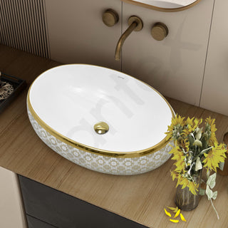 Plantex Tabletop Wash Basin for Bathroom/Designer Ceramic Basin/Oval Vessel Sink Basin for Home/Hotel - (16018, White & Gold)