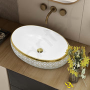 Plantex Tabletop Wash Basin for Bathroom/Designer Ceramic Basin/Oval Vessel Sink Basin for Home/Hotel (23x16x7 inch - White & Gold)