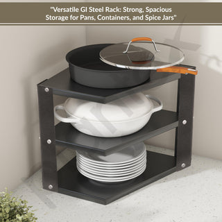 Plantex GI-Steel 3-Tier Pan Stand for Kitchen/Multipurpose Corner Shelf for Kitchen - Pack of 1 (Black)