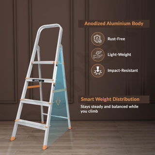Plantex Legend 4 Step Ladder for Home/Anti-Slip Steps/Easy to Fold Aluminium Ladder/Capacity Upto 150 kg (Orange-Silver)
