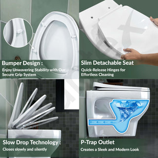 Plantex Ceramic Rim Western Commode/P- Trap Washdown Wall Hung Commode for Toilet with Soft Close Toilet Seat Cover - (Cascade, White)