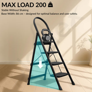 Plantex Hercules Pro 4-Step Foldable Ladder for Home with 200 kg Load Capacity/Heavy-Duty GI Steel Ladder/Anti-Slip Wide Step/Strong, Stable & Multi-Purpose (Black)