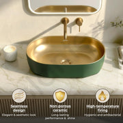 Plantex Designer Wash Basin for Bathroom/Ceramic Table Top Washbasin/Countertop Vessel Sink Basin - (Green Gold, 22 x 13 x 6 Inch)