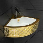 Plantex Ceramic Corner Basin/Wall Mount Washbasin for Bathroom/Small Corner Vessel Sink/Tabletop Wash Basin (Golden Cornia, 18 x 13 x 5 Inch)