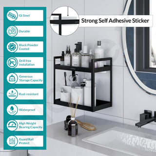 Plantex Deluxe 2 Tier Self Adhesive Bathroom Shelf Rack/Bathroom Organiser Without Drill/Bathroom Shelf Rack/Kitchen Stand Kitchen Multipurpose Shelf(Black, Powder Coated,GI Metal)